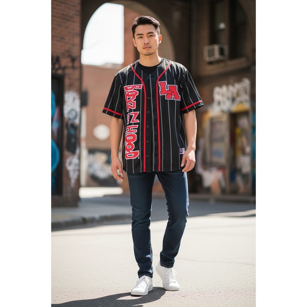 Boyz N The Hood Baseball Jersey Mens Medium Black Pinstripe Ice Cube 91 LA Movie